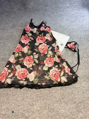 Floral Lace-Trim Black Slip Dress with Pink Rose Print
